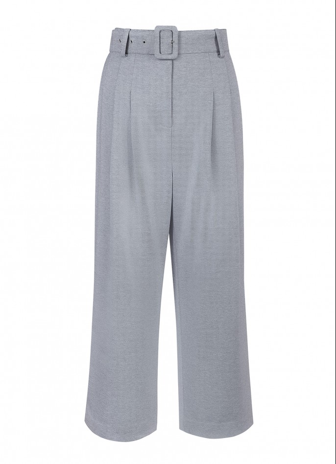 GREY RAYON BLEND HIGH WAISTED BELTED PANTS